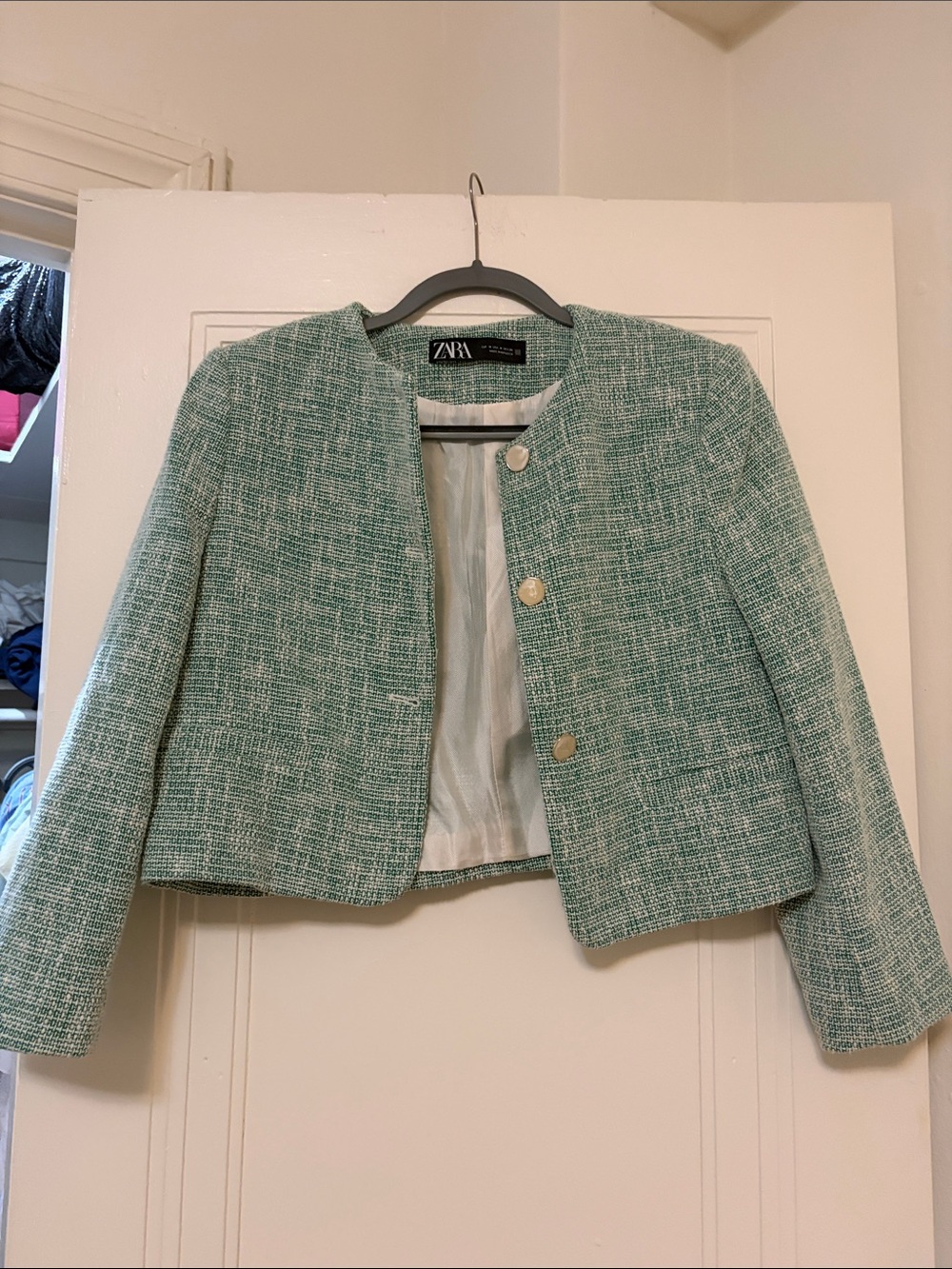 ZARA Green Tweed Cropped Blazer